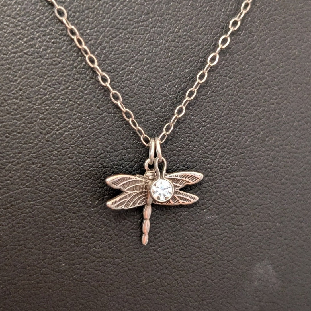 925 Sterling Silver Dragonfly Pendant W/ Rhinestone Dangle on 20" 925 Chain