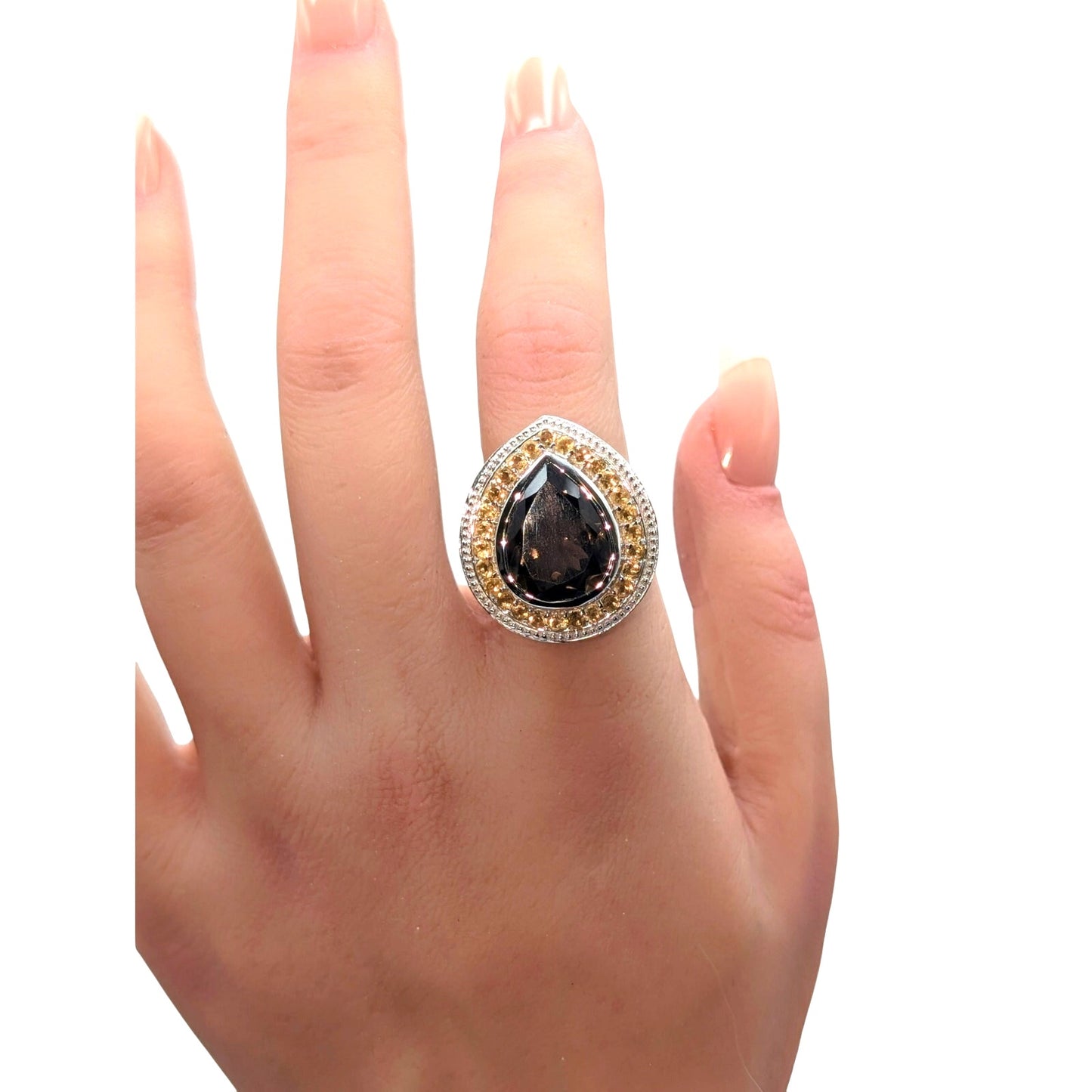 925 Sterling Brown Topaz Teardrop Center Stone Citrine Stone Surround Ring Sz 7