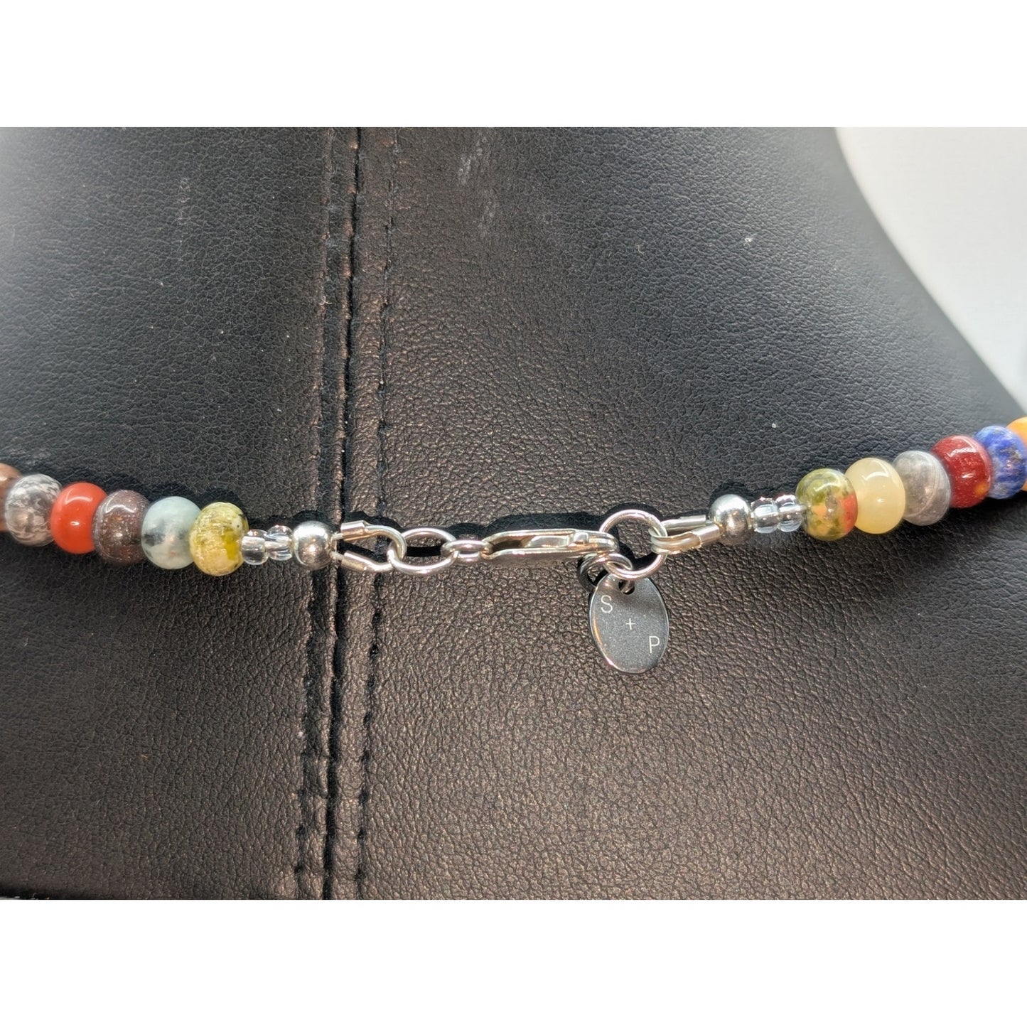 S & P 925 Sterling Silver Semi-Precious Stone Bead Boho Choker 17.5" Necklace