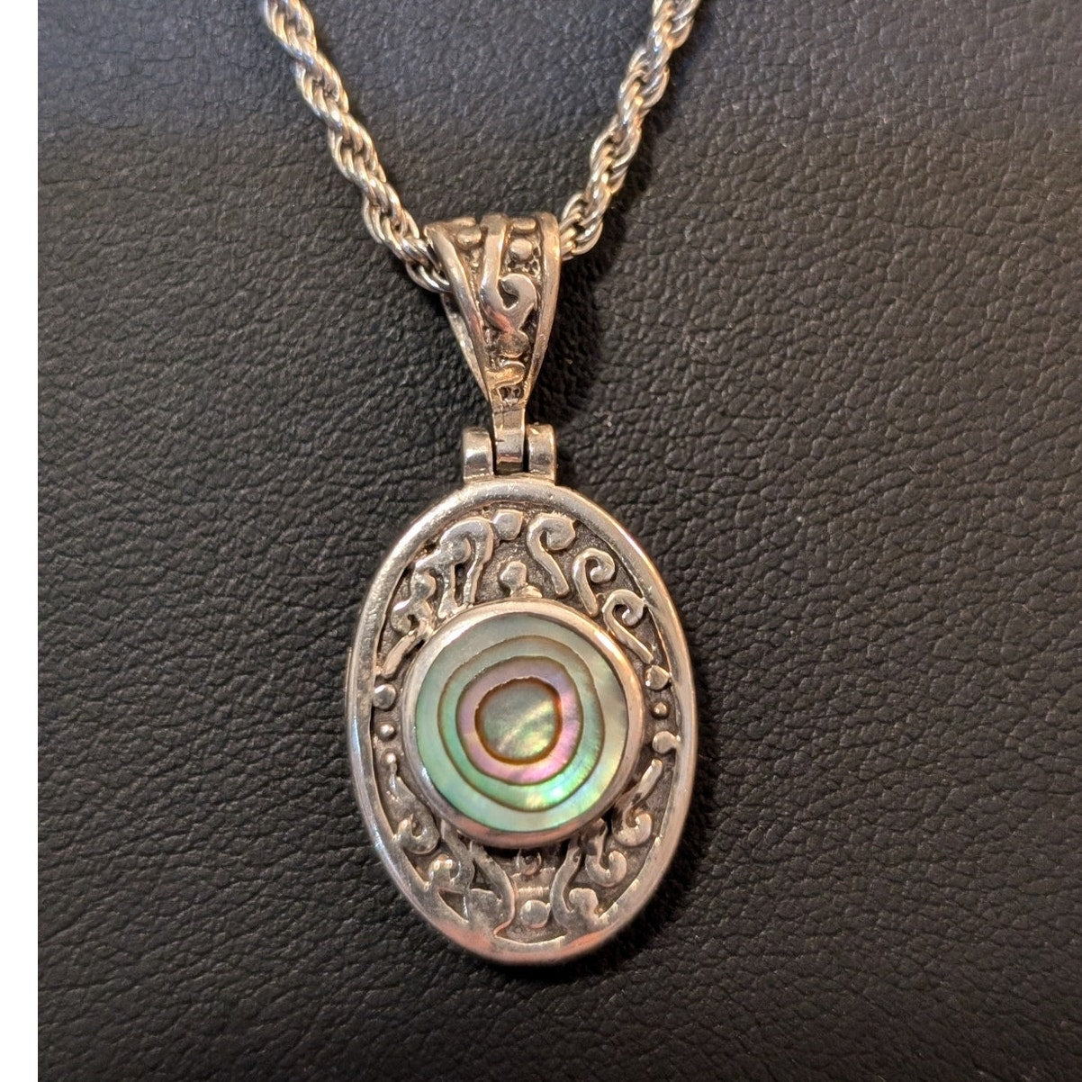 VTG 925 Sterling Silver Filigree Abalone Shell Pendant Rope 24" Chain Necklace
