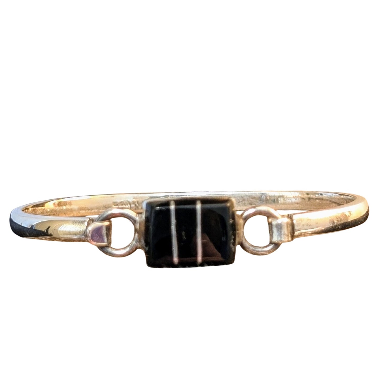 Mexico 925 Sterling Silver Black Onyx Silver Inlay Tension Clasp Bangle Bracelet