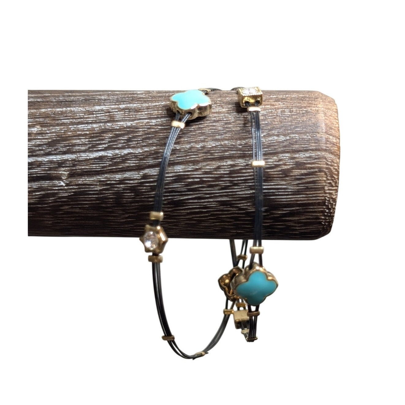 Two Wire Turquoise Enamel Trefoil Rhinestone Flexible Bangle Bracelets