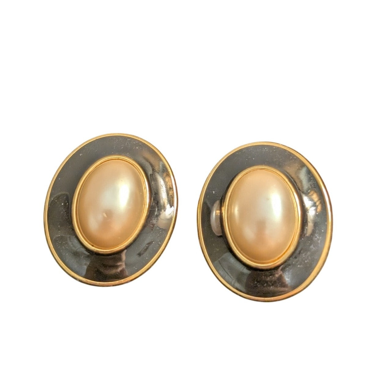 Vintage 80s Black Enamel Faux Mabe Pearl Oval Button Pierced Earring