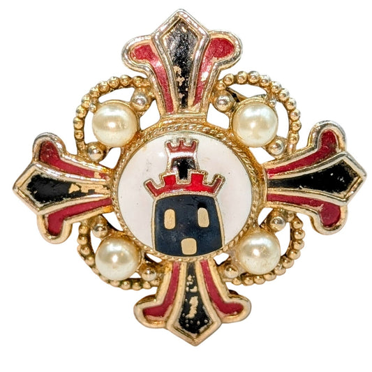 Vintage Signed Coro 2.25" Heraldic Red Navy Faux Pearl Maltese Cross Brooch