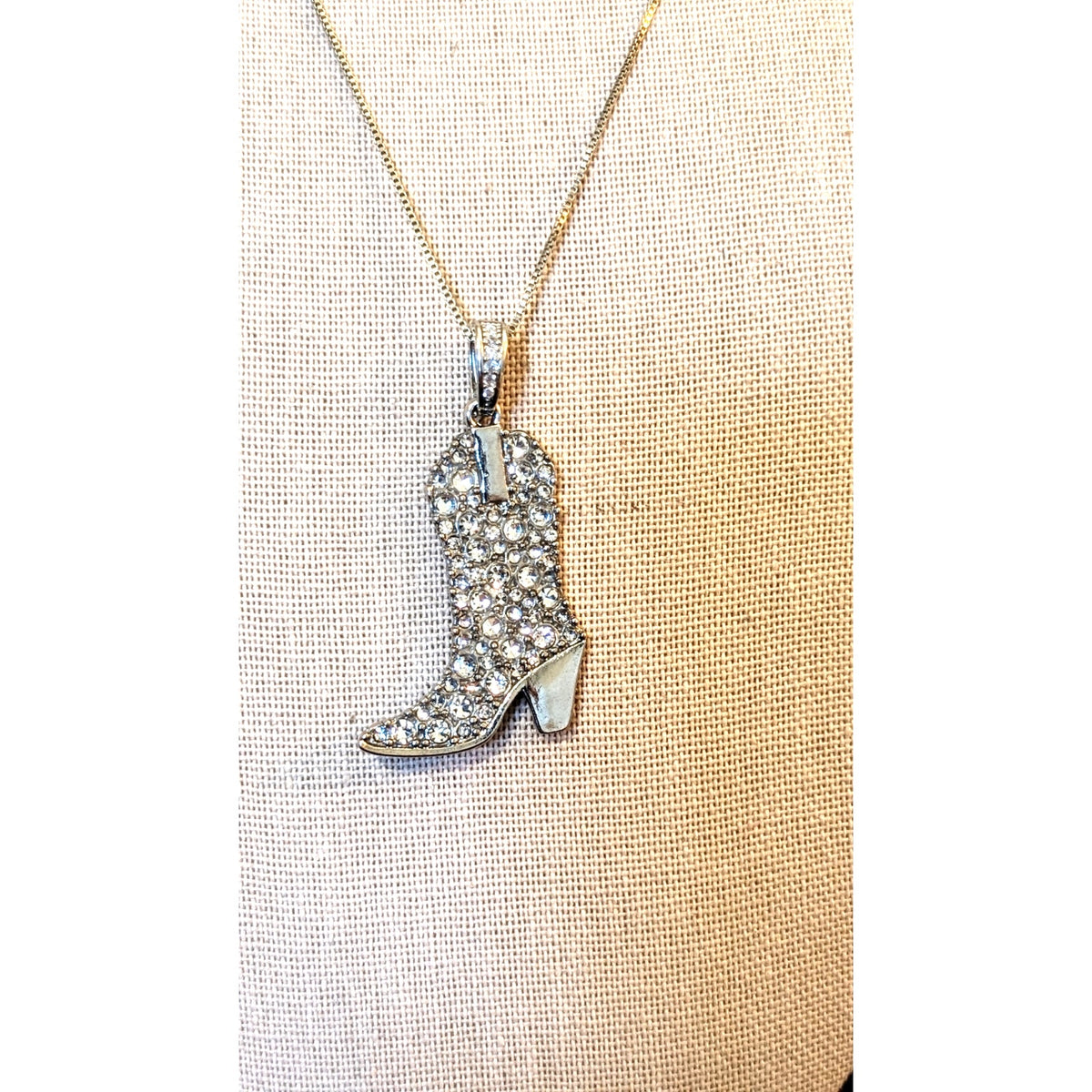 Silver Tone Rhinestone Country Western Cowgirl Boot Pendant Box Chain Necklace