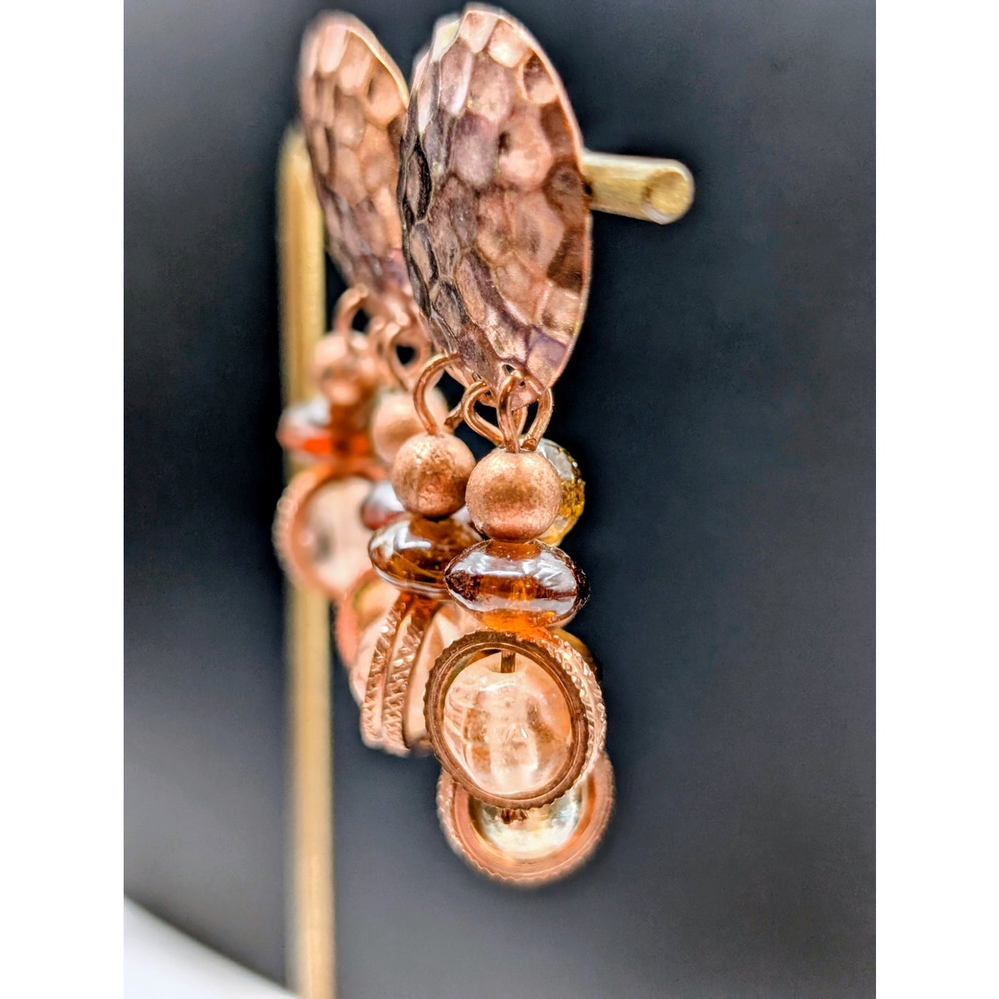 Hammered Copper Glass Bead Dangle Earrings