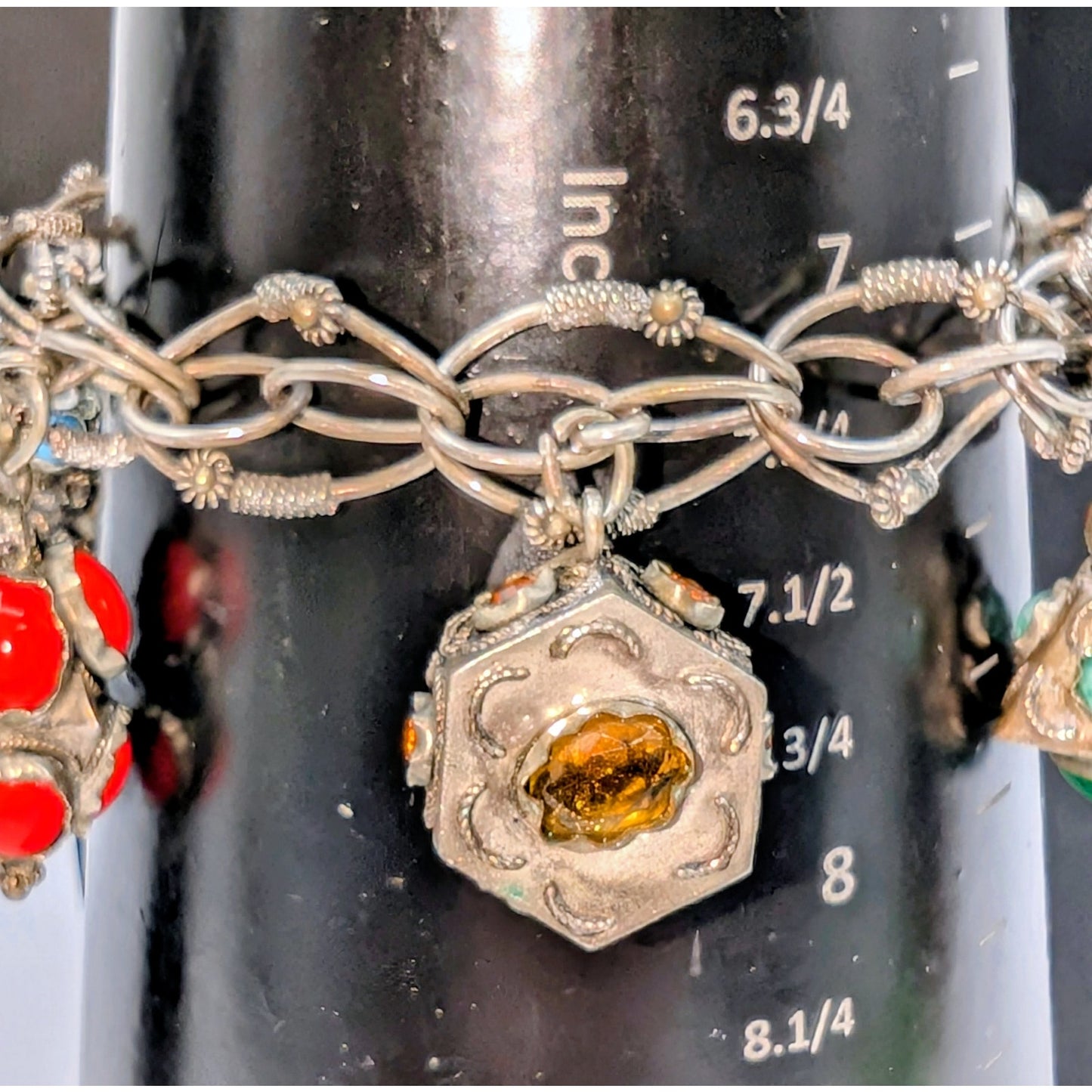 Antique Etruscan Revival 800 Silver Ornate Multi-Stone Charm Fob Bracelet