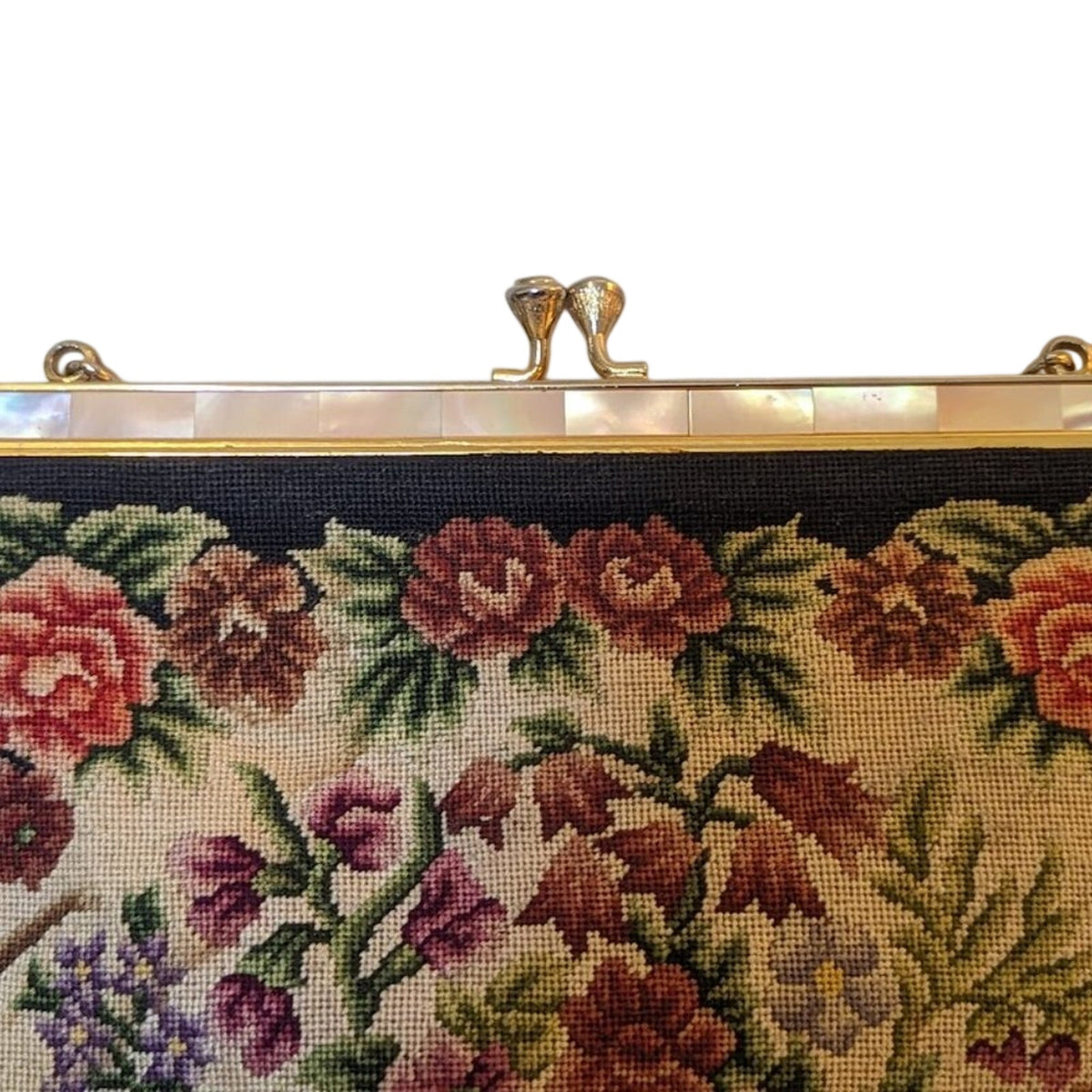 Vintage Handmade Exquisite Petit Point Embroidery Handbag with Mother of Pearl