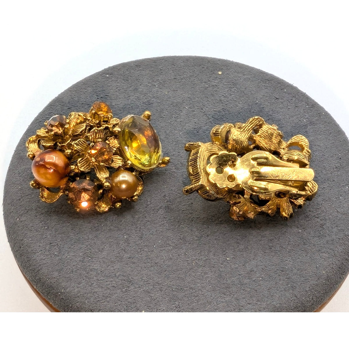 VTG Signed Selini 1950s Citrine Crystal Faux Pearl Rhinestone Clip On Earrings