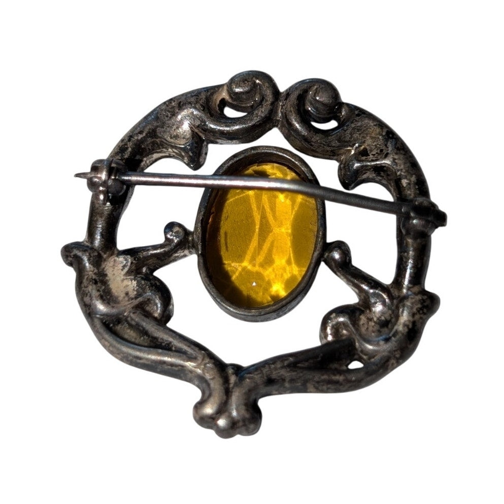 Antique Sterling Silver Citrine Glass Rhinestone/Paste Signed Brooch