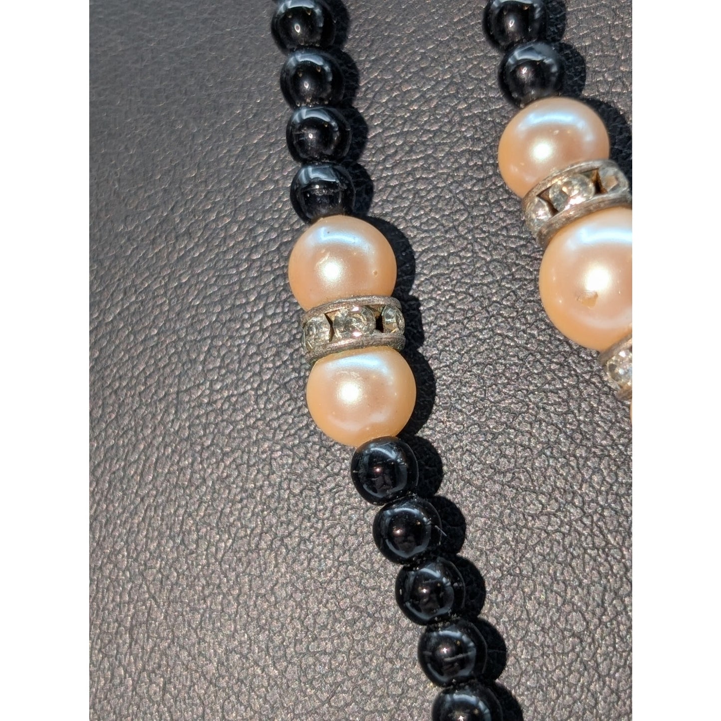 Vintage 50" Black Glass Bead Faux Pearl Rhinestone Rondelle Bead Necklace