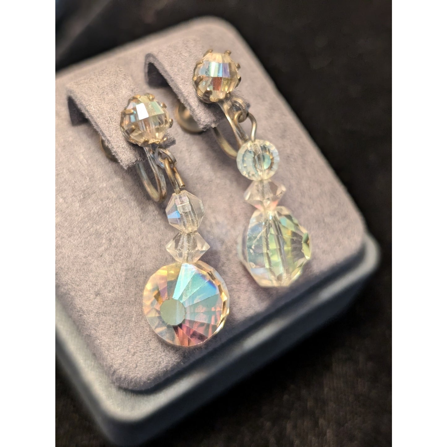 Unique Vintage Aurora Borealis AB Crystal Dangle Screw Back Earrings
