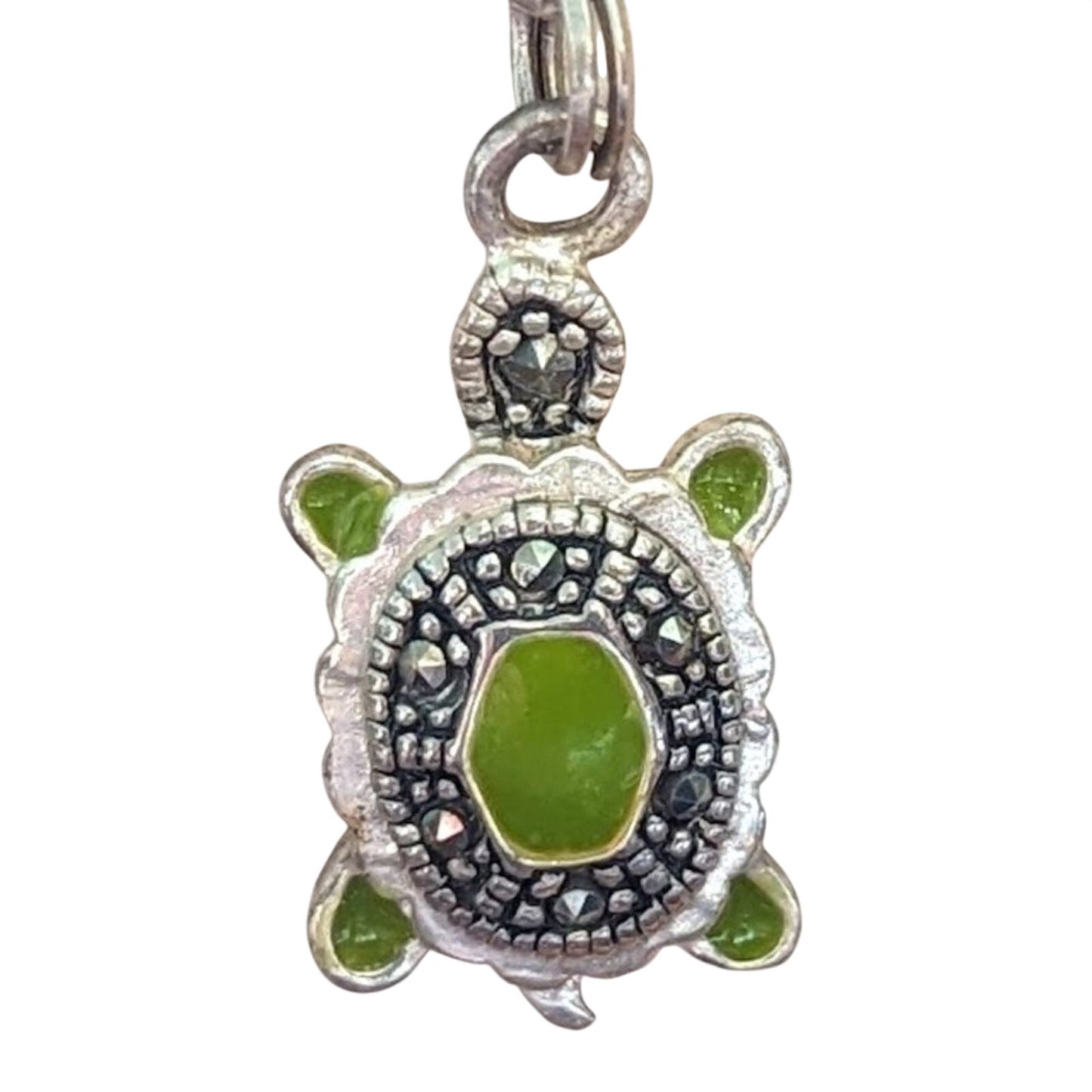 925 Italy Sterling Silver Green Enamel Marcasite Turtle Pendant Necklace