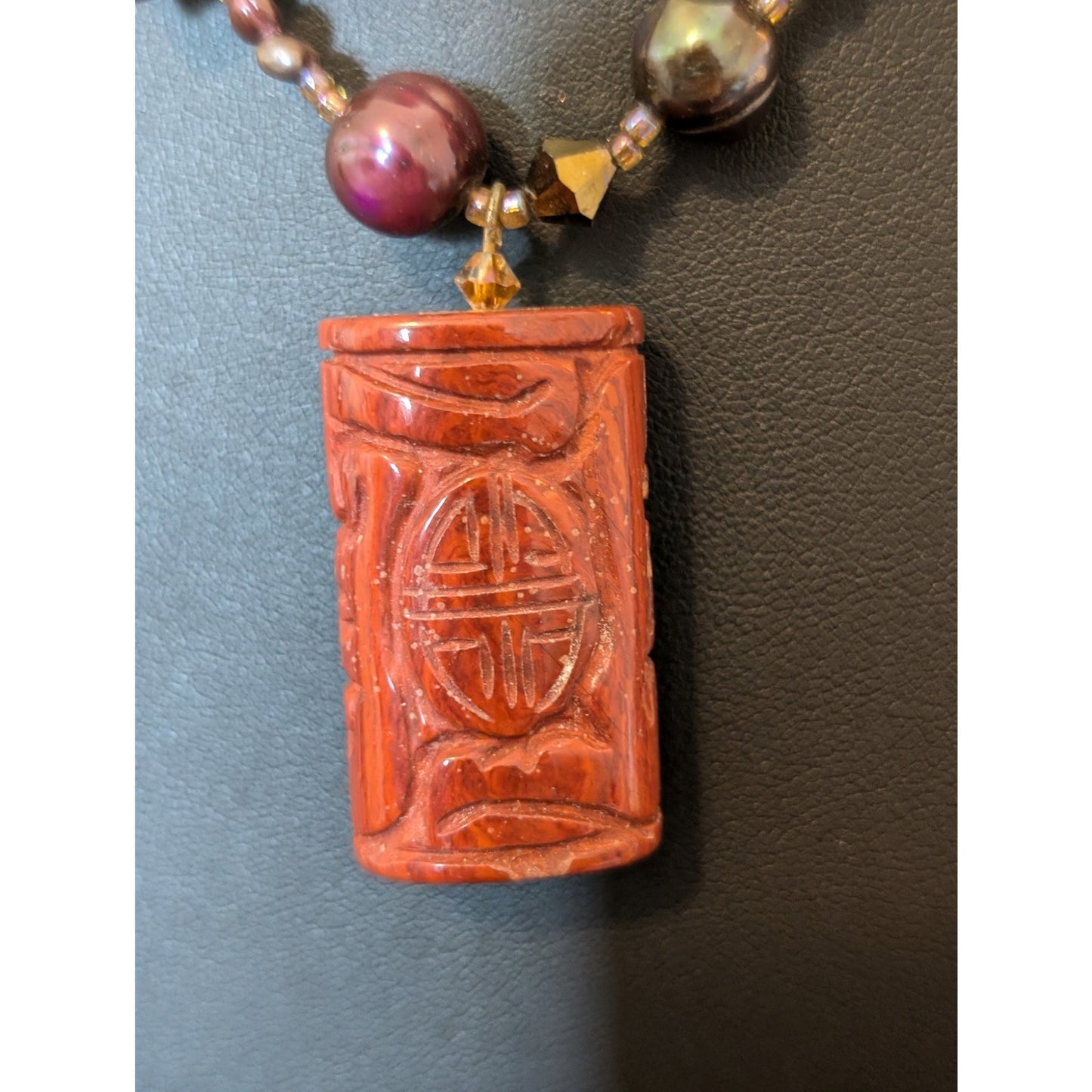 Chinese Carved Stone Pendant Stone Crystal Multi-Colored Pearl Bead Necklace