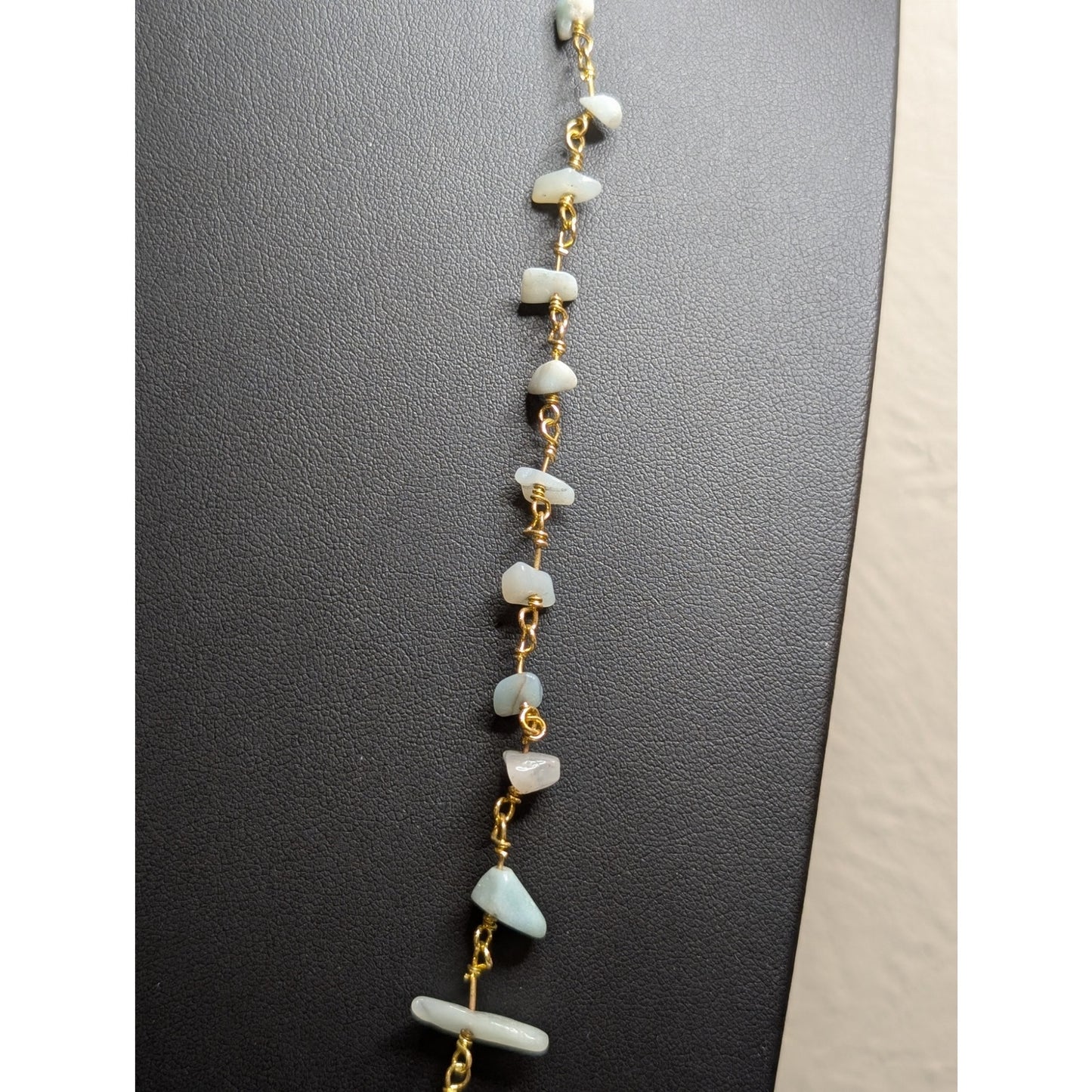 Blue Stone Chip Rosary Chain Leather Tassel Boho 36" Long Necklace