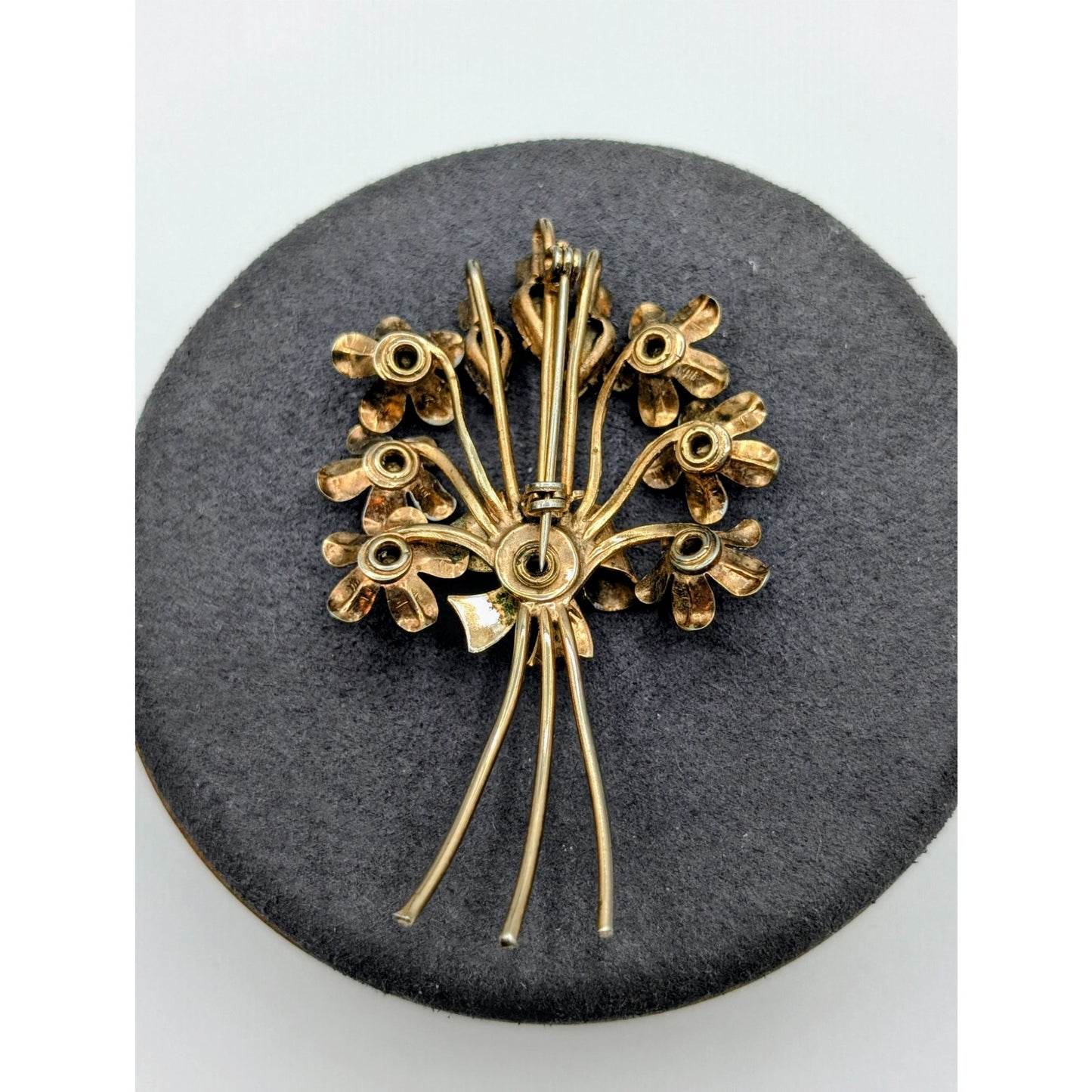 Vintage Gold Tone Red & Clear Rhinestone Floral Bouquet Brooch