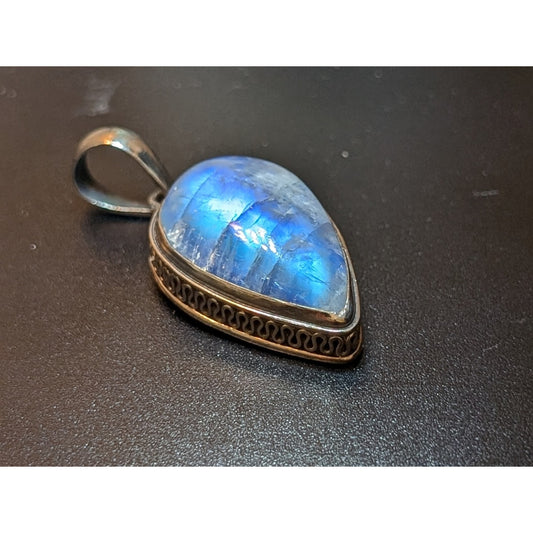 Blue Moonstone Teardrop Bali Wire Solid 925 Sterling Pendant Rope Chain Necklace