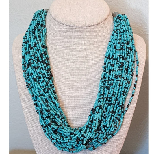 Multi Strand Turquoise and Black Seed Bead 18-22" Necklace
