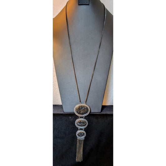 Triple Station Black Sparkle Fringe Long Gun Metal Necklace
