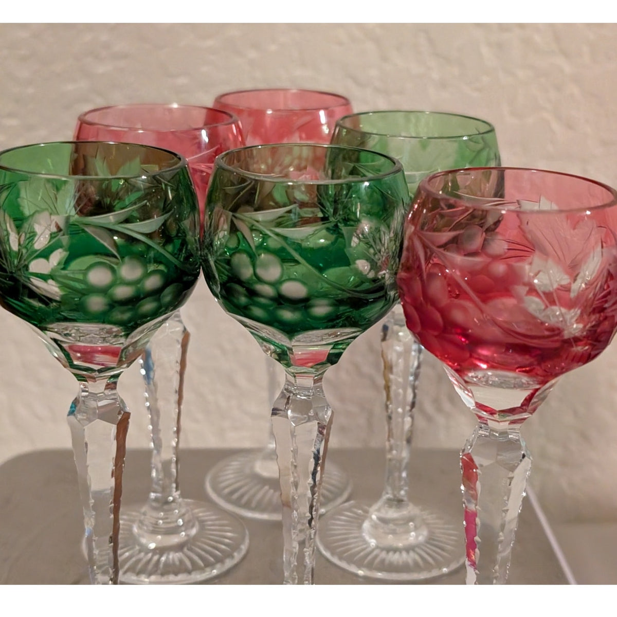 Vtg Czech Bohemian 3 Cranberry & 3 Green Cut to Clear Crystal Cordials Set of 6