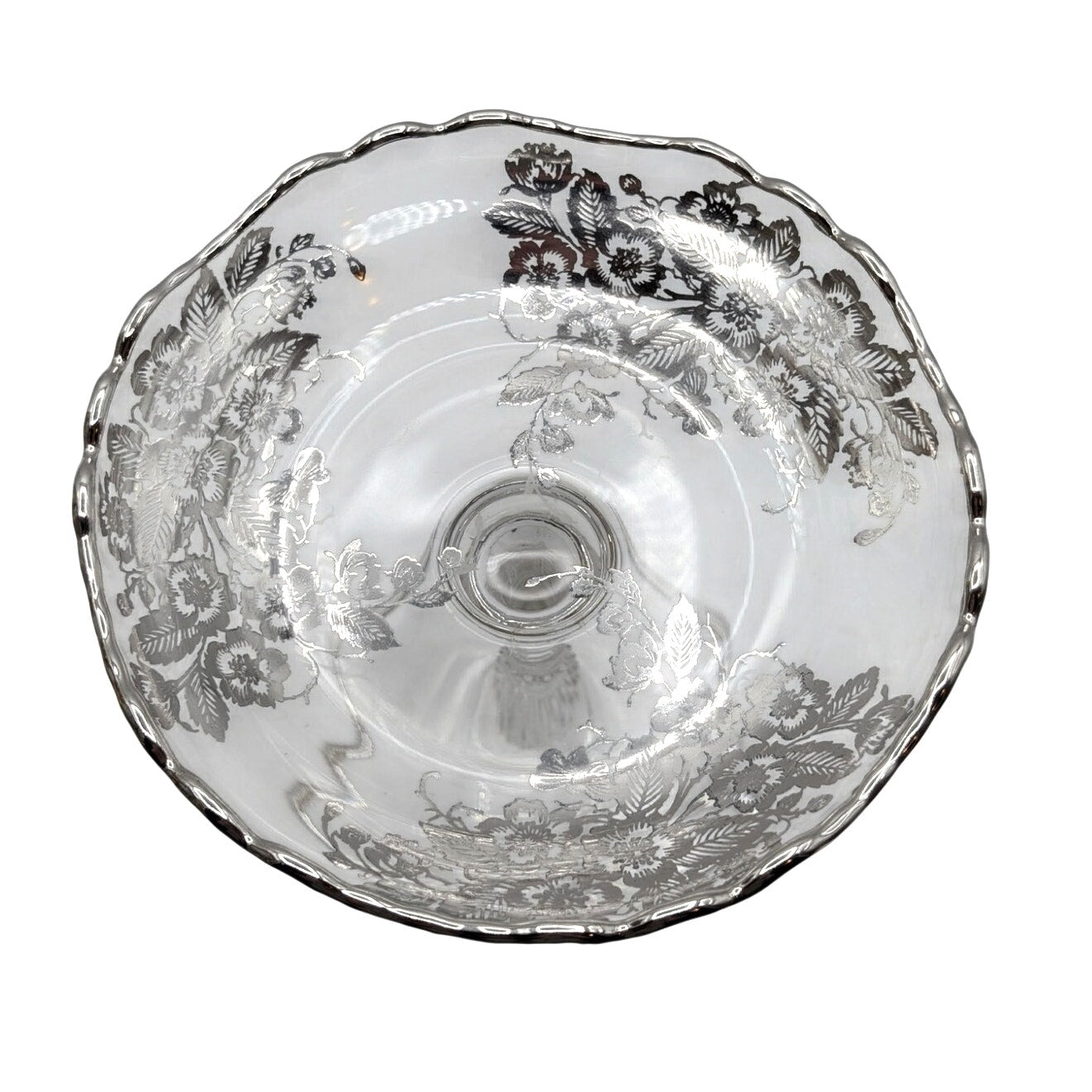 Vintage Clear Glass Compote W/ Silver Overlay Floral Design
