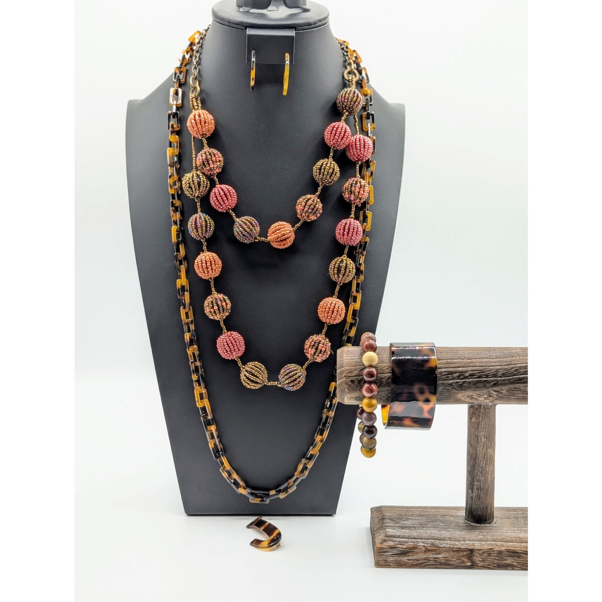 Costume Lot of Brown Cream Coral Tortoise Necklaces Bracelets Earrings & Pin