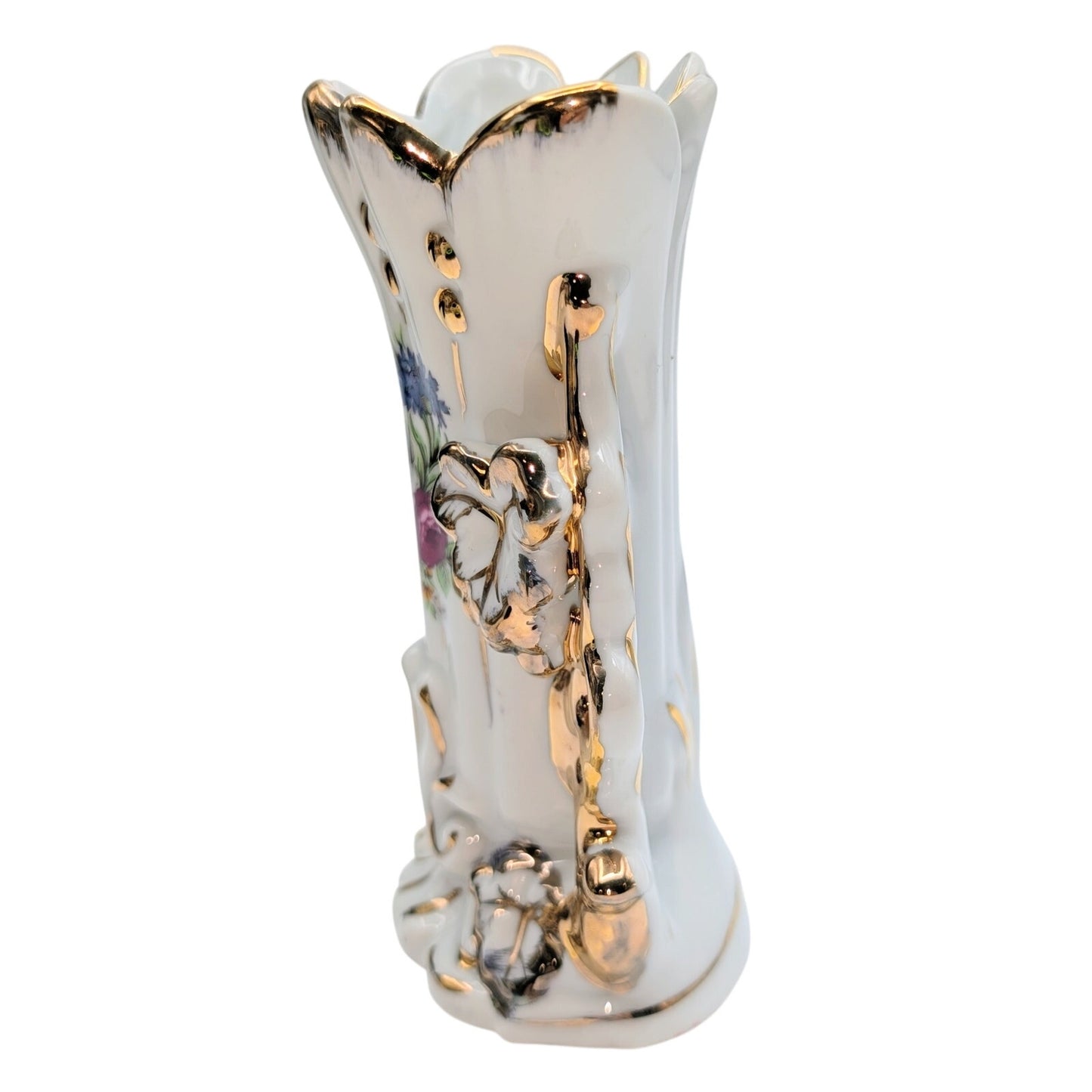 Vtg Vieux Paris Painted Gilded Edge Porcelain Rococo Style Fan Flair Bridal Vase