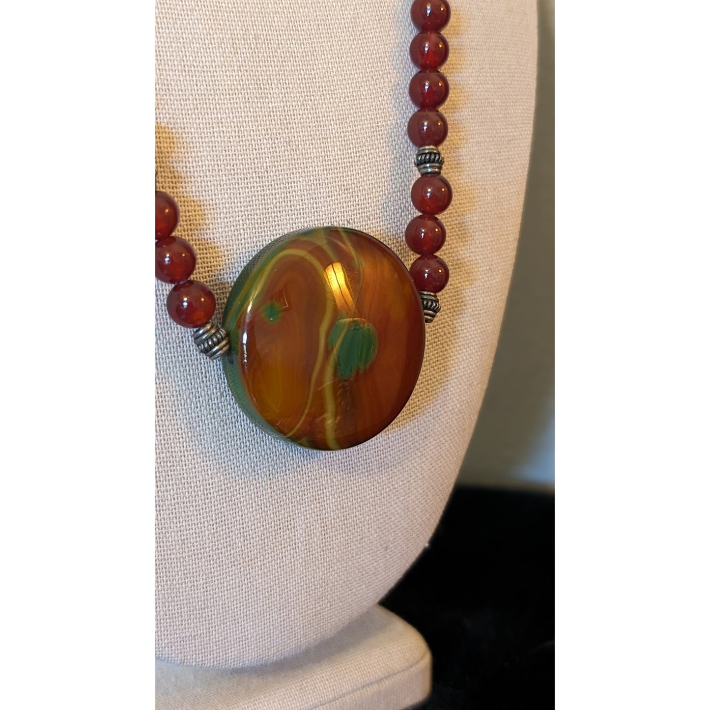 925 Sterling Carnelian Bead Large Jasper Cabochon Necklace W/ Fancy Hook Clasp