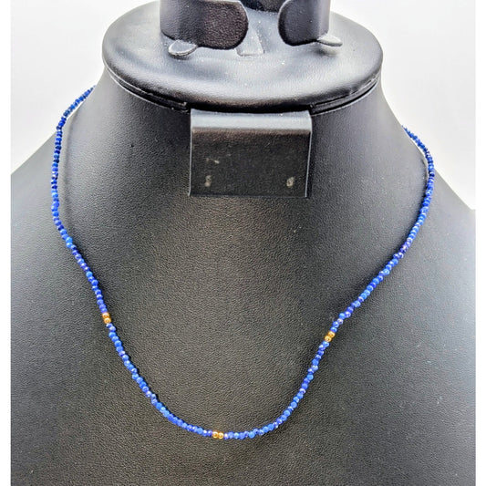925 Sterling Vermeil 2mm Lapis Lazuli Gemstone Crystal & Goldtone Bead Necklace