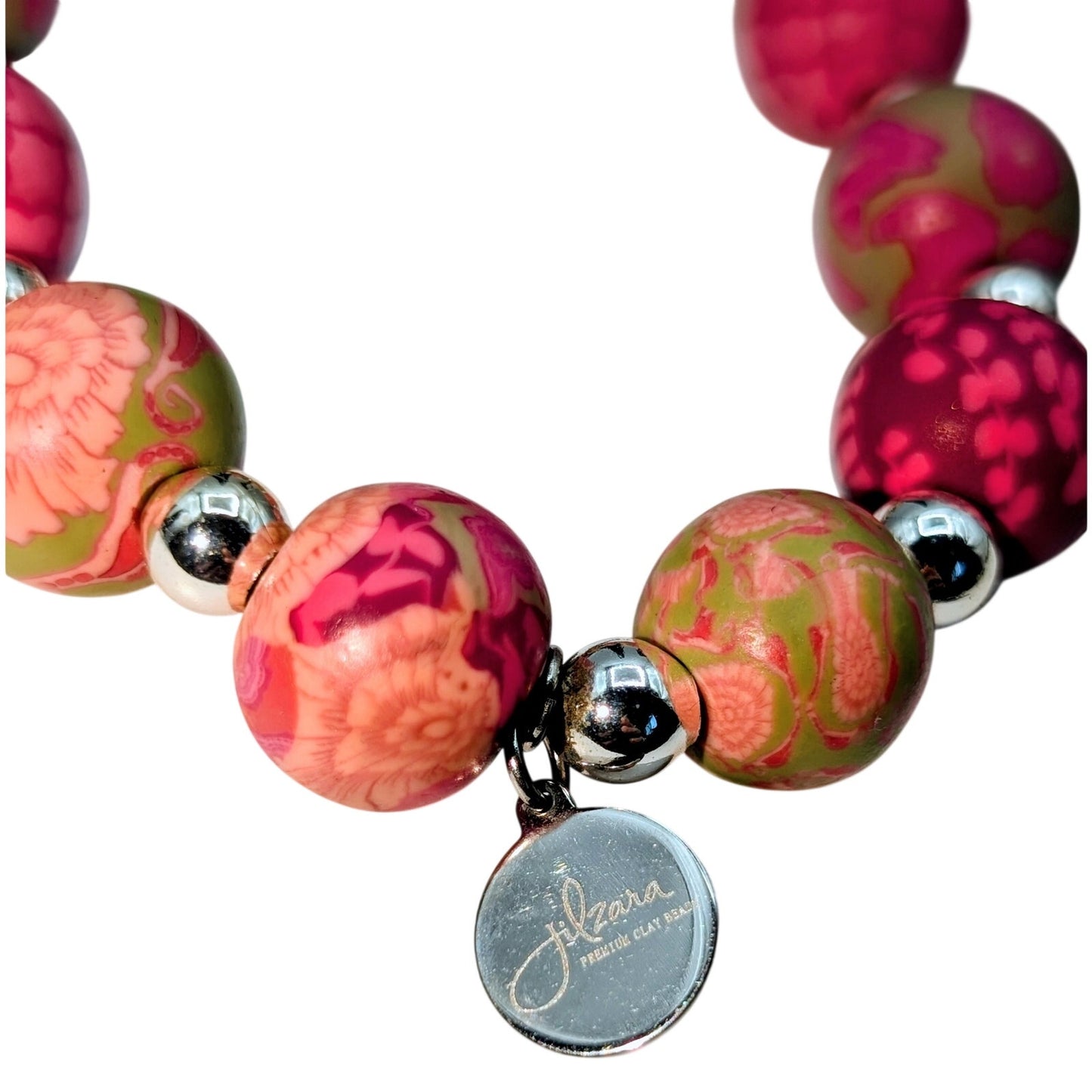 Lot of Two Pink Jilzara Clay Bead Stretch & Lamp Work Glass Bead Bracelets