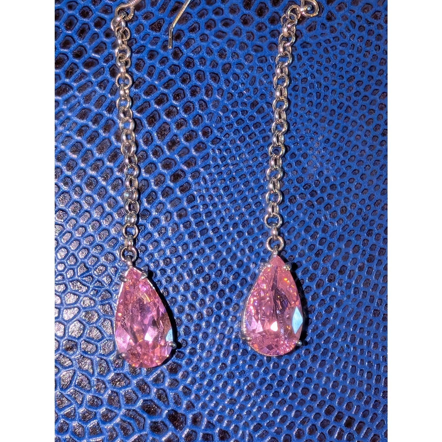 Marked EC 925 Sterling Silver Long Dangle Pink Teardrop Crystal Earrings