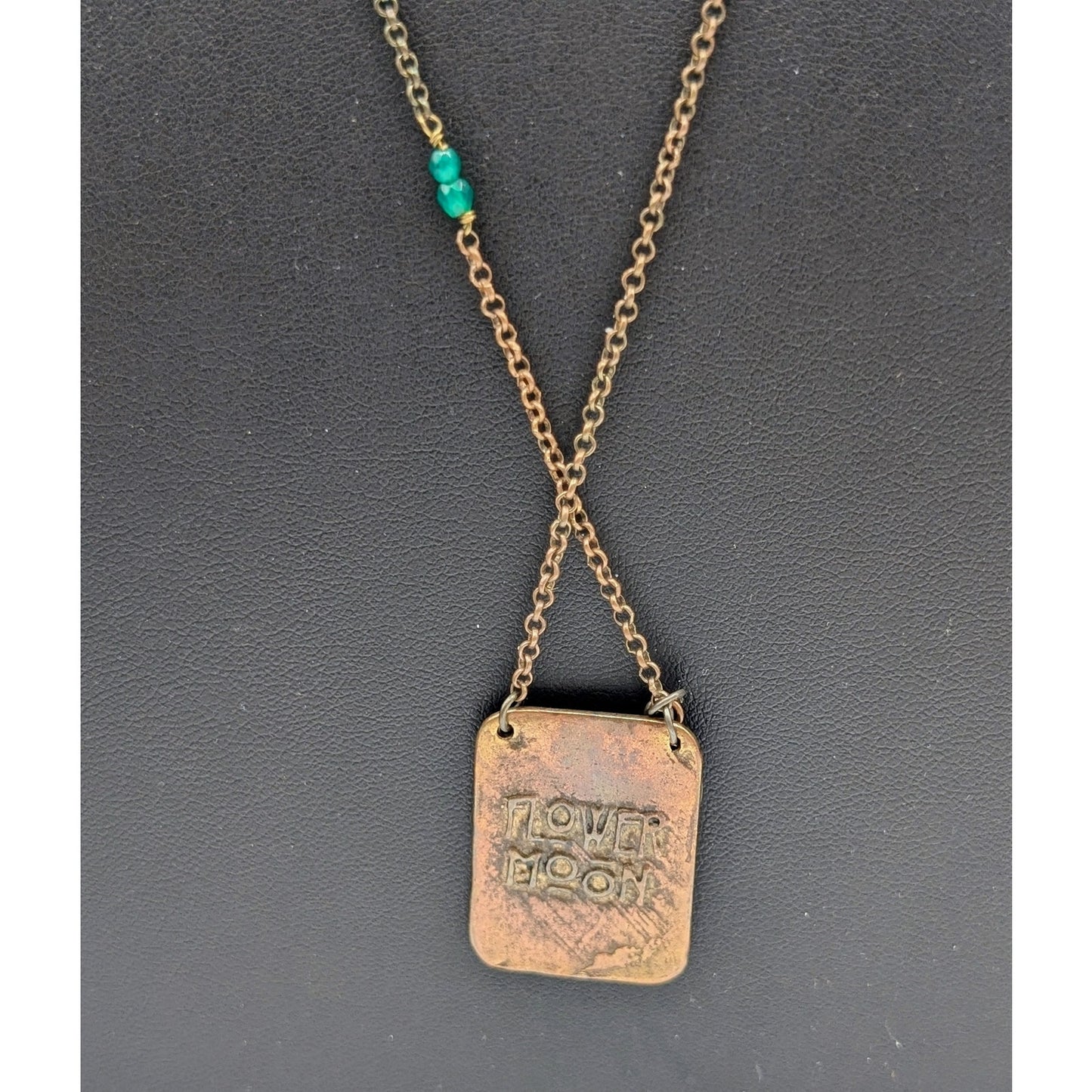 Rustic Antiqued Copper Look Flower Moon May Pendant Chain Long Necklace