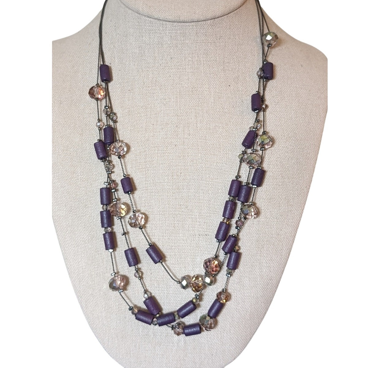 Charming Charlie Purple Wood Smoky Lavender Crystal Gun Metal 3 Strand Necklace