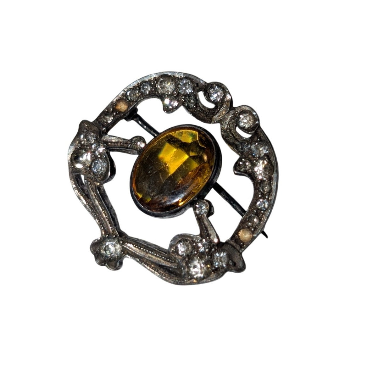 Antique Sterling Silver Citrine Glass Rhinestone/Paste Signed Brooch