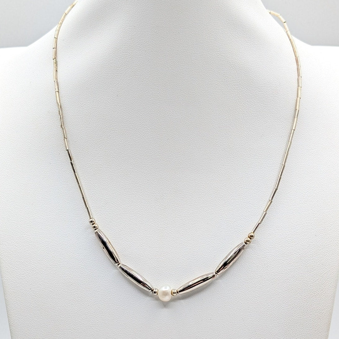 Liquid Silver Beaded Center Pearl 18" Necklace
