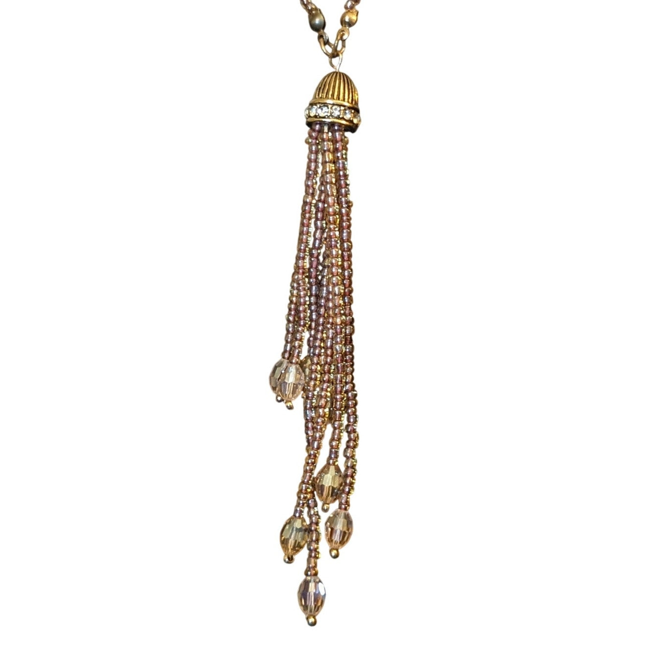 Champagne Crystal Faux Pearls & Rhinestone Rondelle Beaded Tassel Necklace