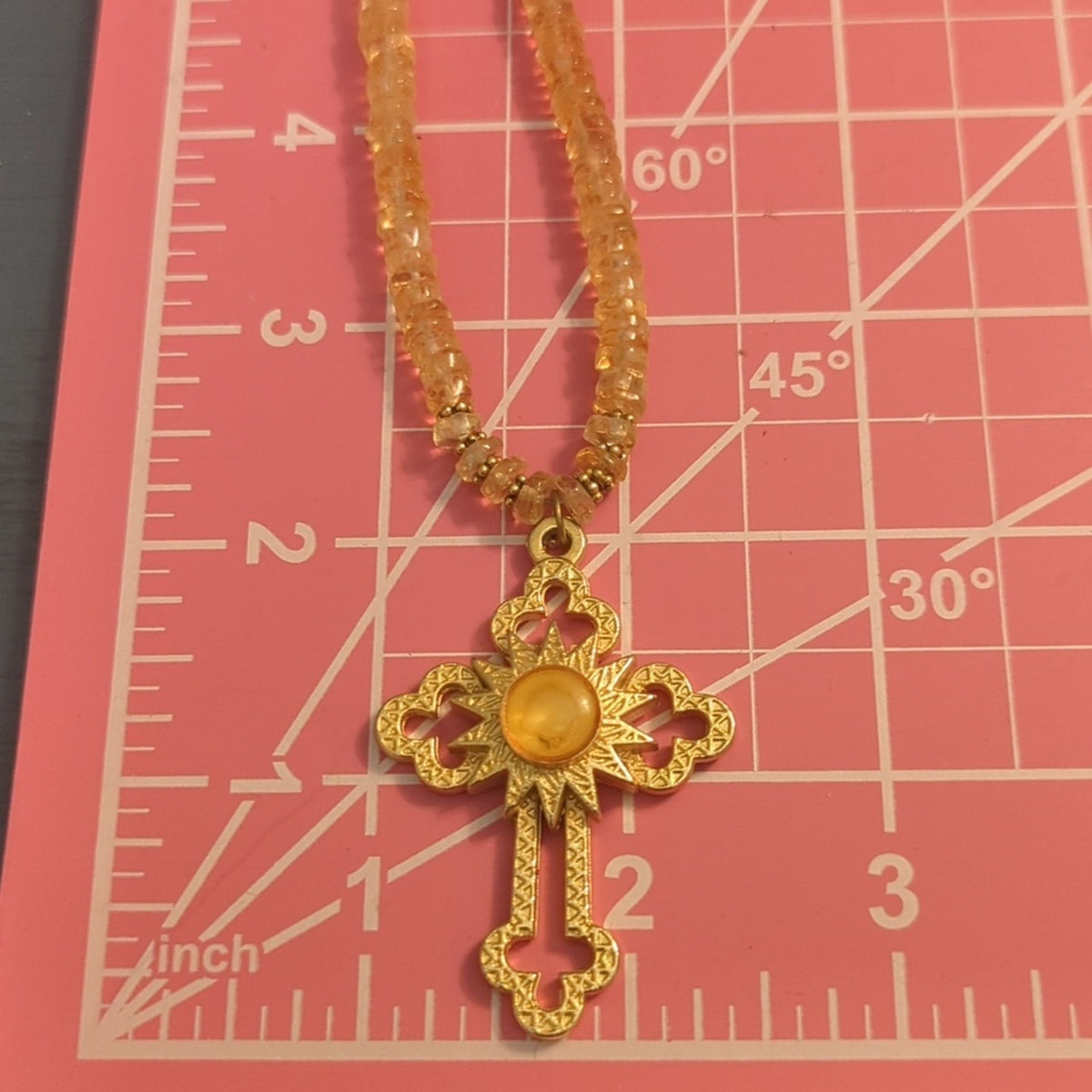 Genuine Citrine Bead Chain & Gold Tone Cross Pendant W/ Hook Closure