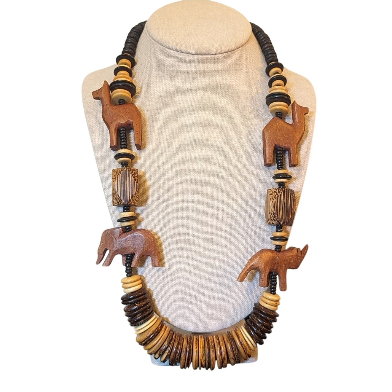 Vintage Chunky Boho Carved Wooden Animal Beaded Necklace