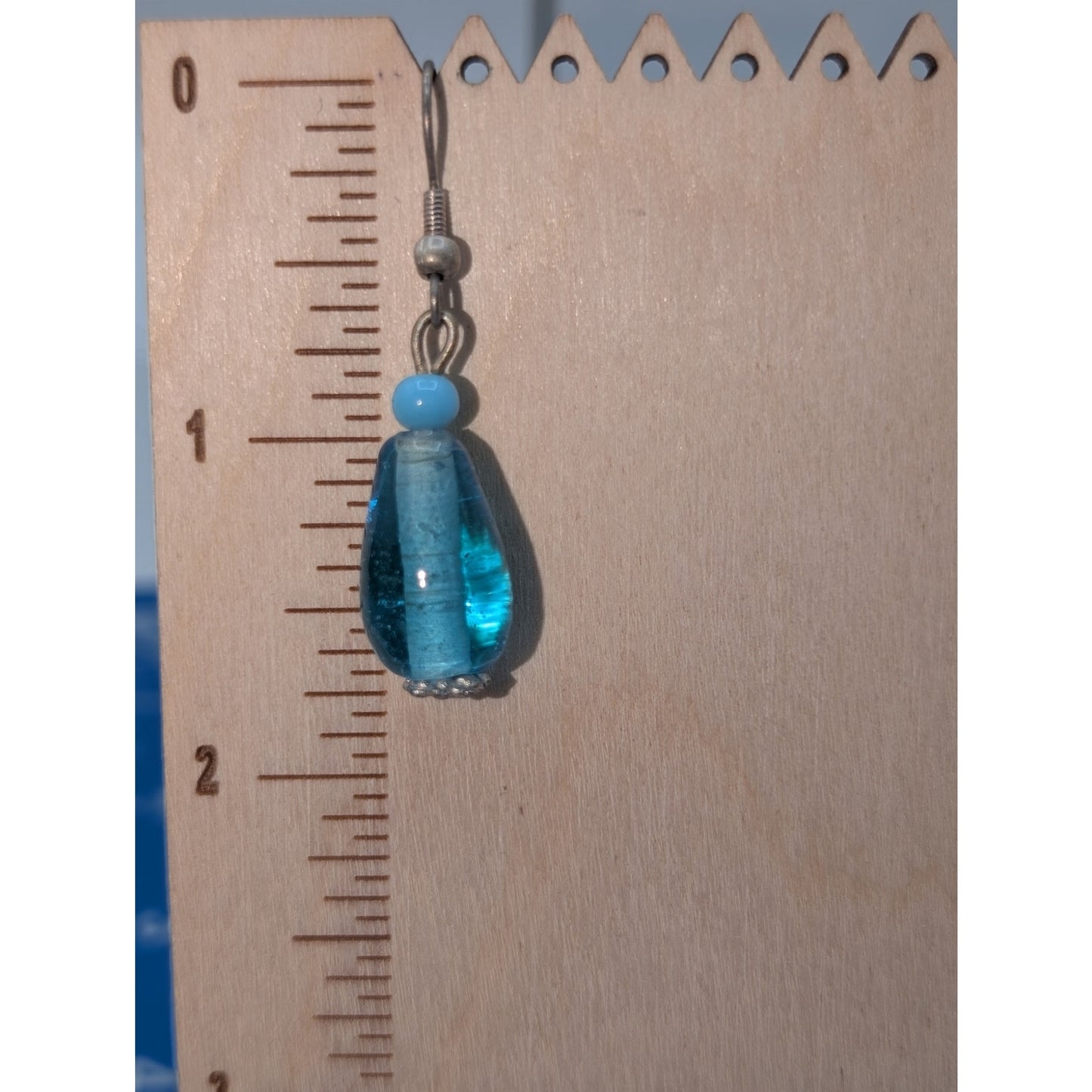 Blue Glass Bead Dangle Silver Tone Wire Earrings