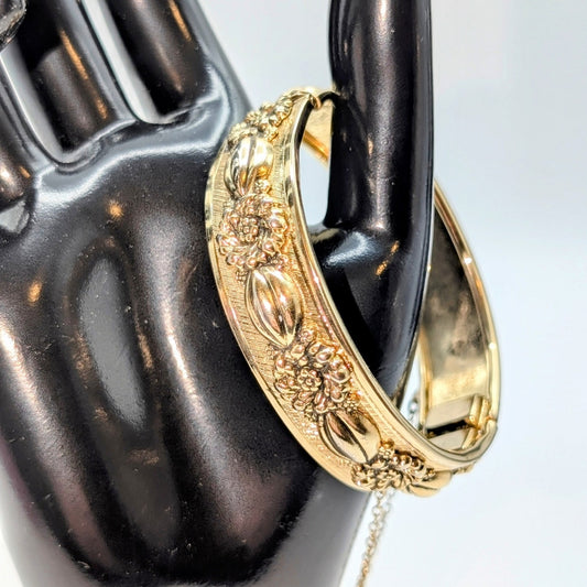 VTG Repousse Art Nouveau Raised Floral Design Gold Tone Bangle Bracelet Safety