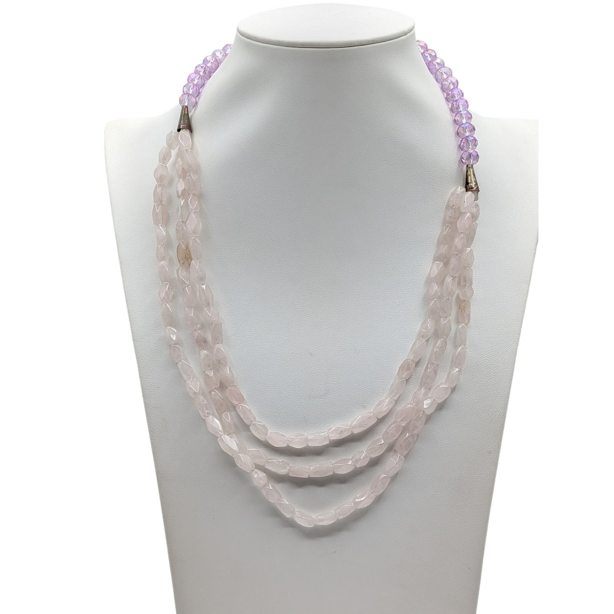 AB Lavender Crystal Pink Rose Quartz Stone 1 Strand to 3 Silver Tone Necklace