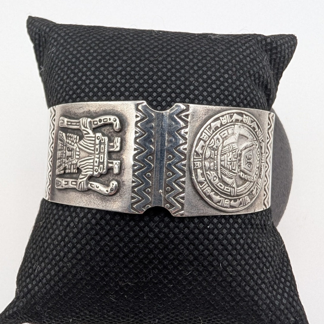 Vintage/Antique Silver Peruvian Inca or Aztec Primitive Tribal Cuff Bracelet