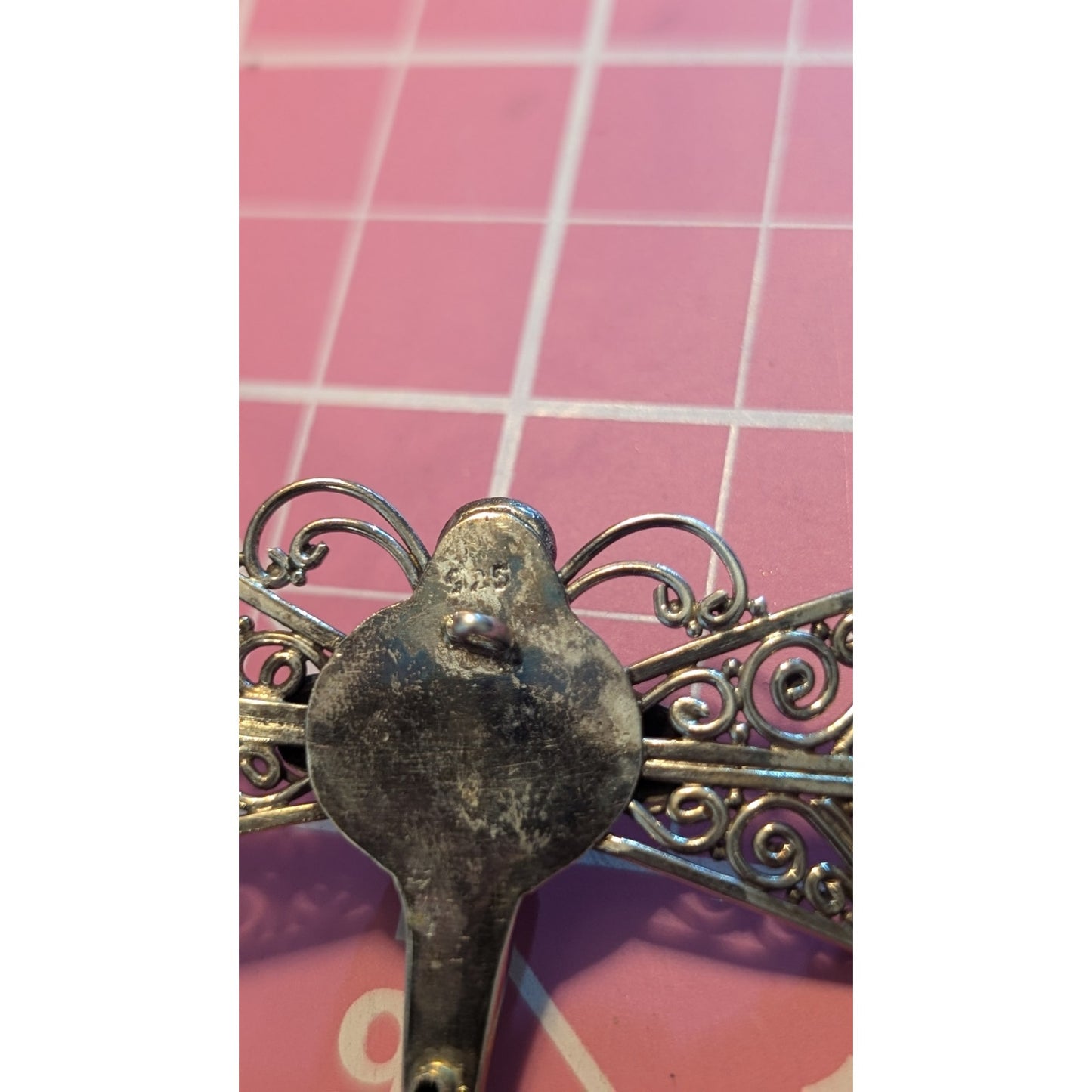 Vintage 925 Filigree Bali Design Amethyst Cabochon Dragon Fly C Clasp Brooch
