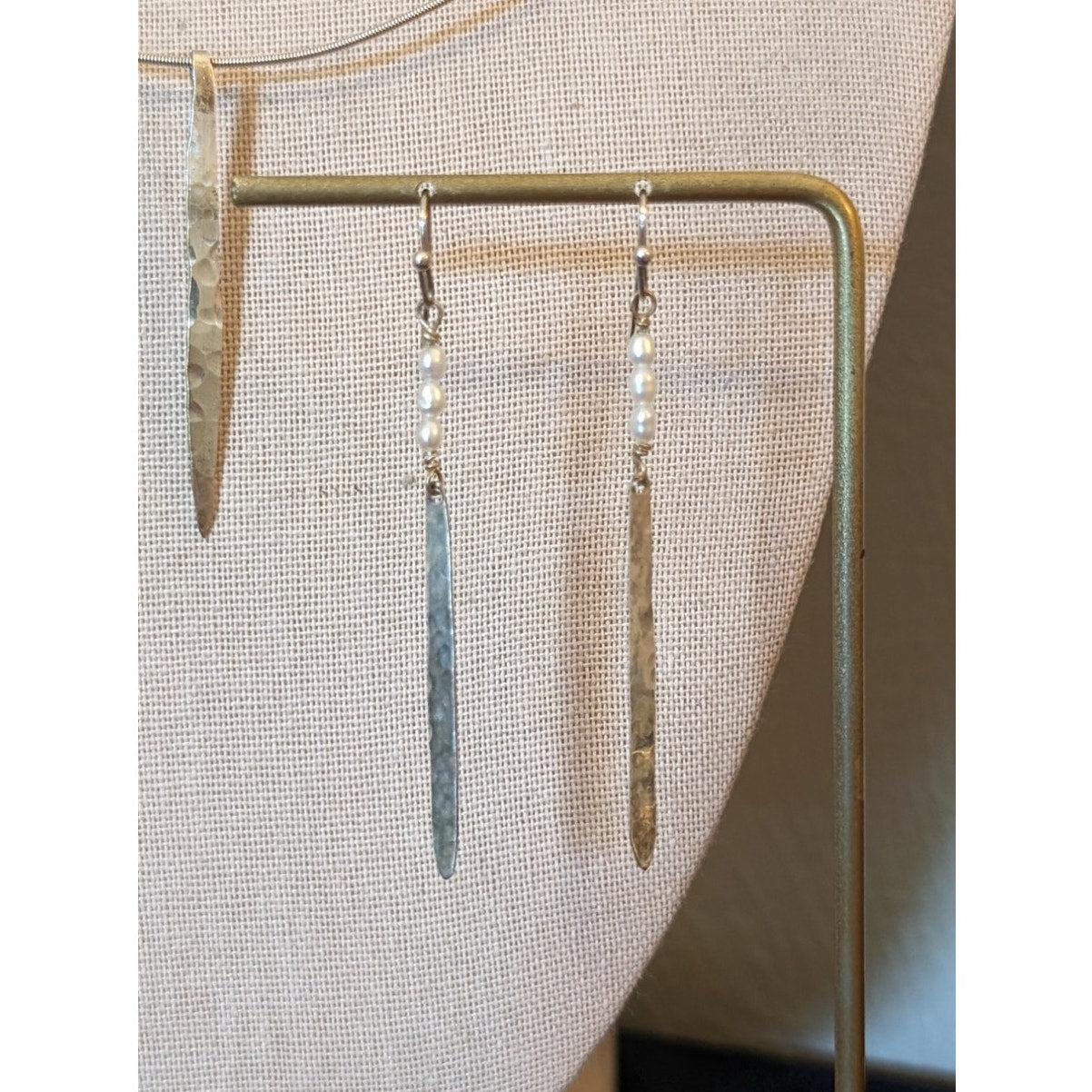 925 Sterling Wire Collar Hammered Dangle Pendant & Matching Pearl Earrings Set