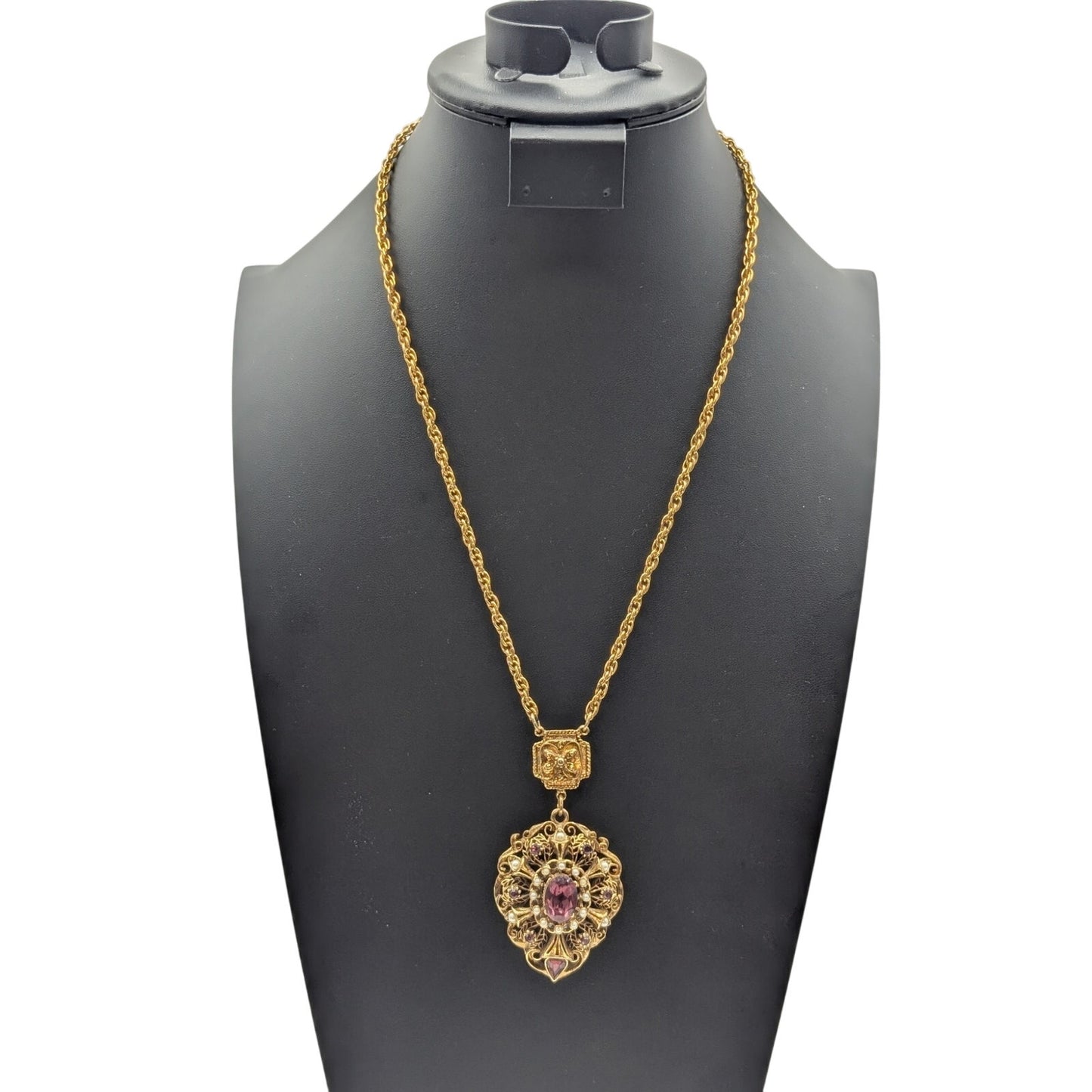 VTG 60's Gold Tone Faux Pearl Amethyst Color Rhinestone Pendant 22" Necklace