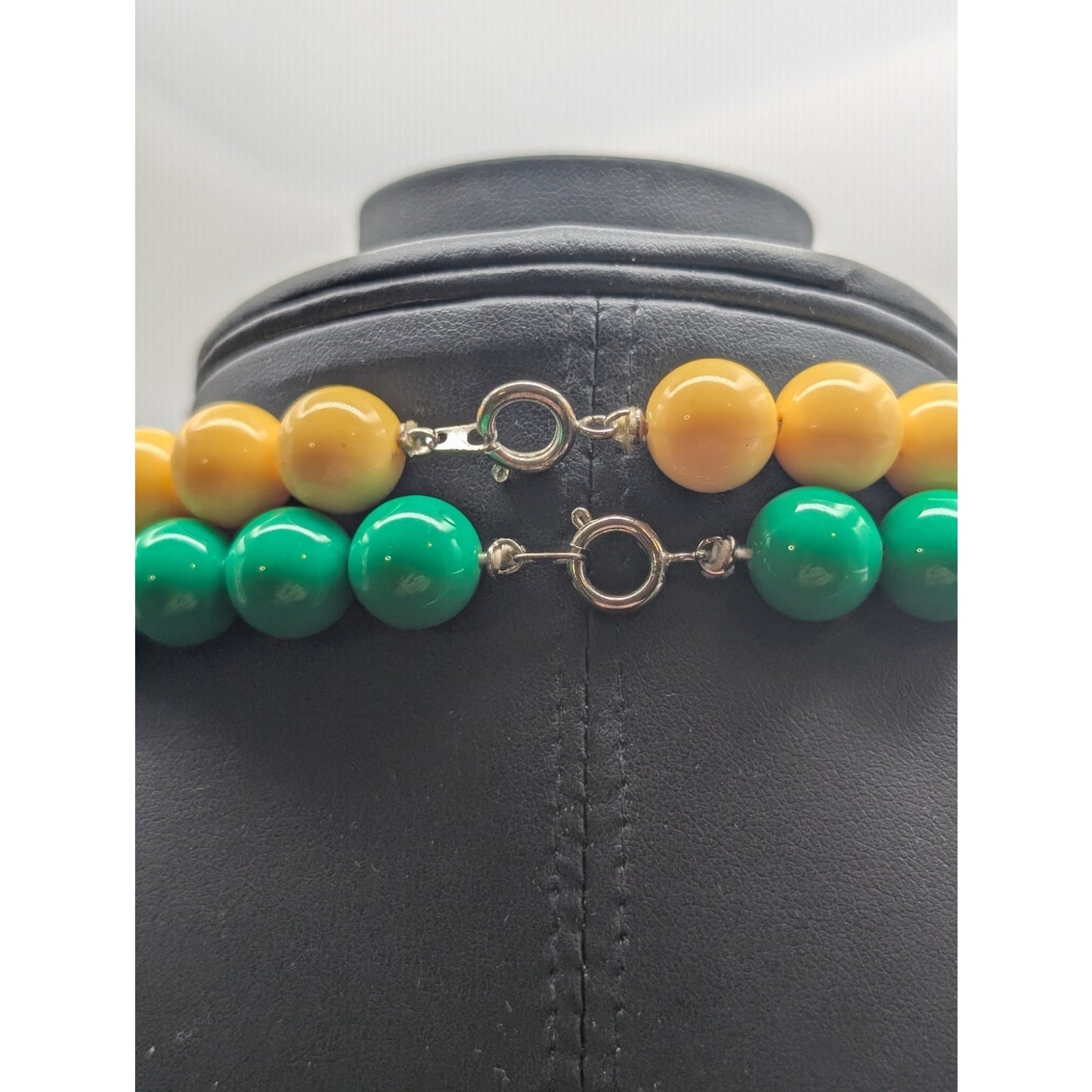 Vtg Lot of Two Green & Yellow Acrylic & Silver Tone Beaded Approx 30" Necklaces
