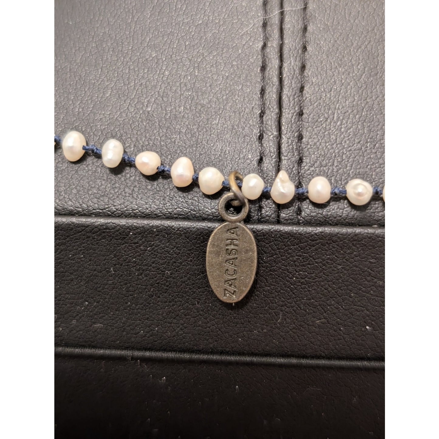 Vtg Zacasha Genuine Pearl Navy Filigree Bead Blue Silver Tassel Boho Necklace