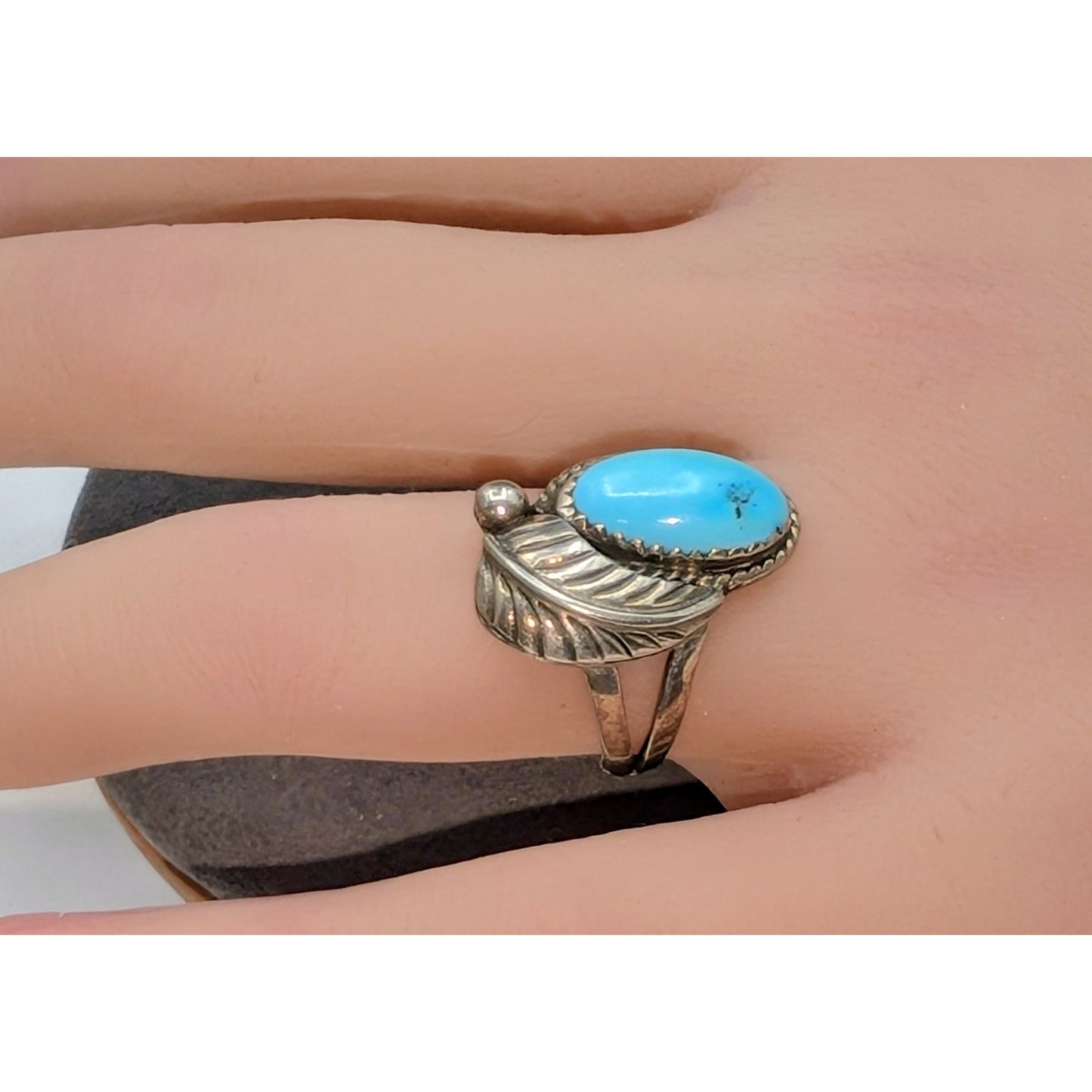 Vtg 925 Sterling Silver Southwestern Turquoise Feather Split Shank Ring Size 6.5