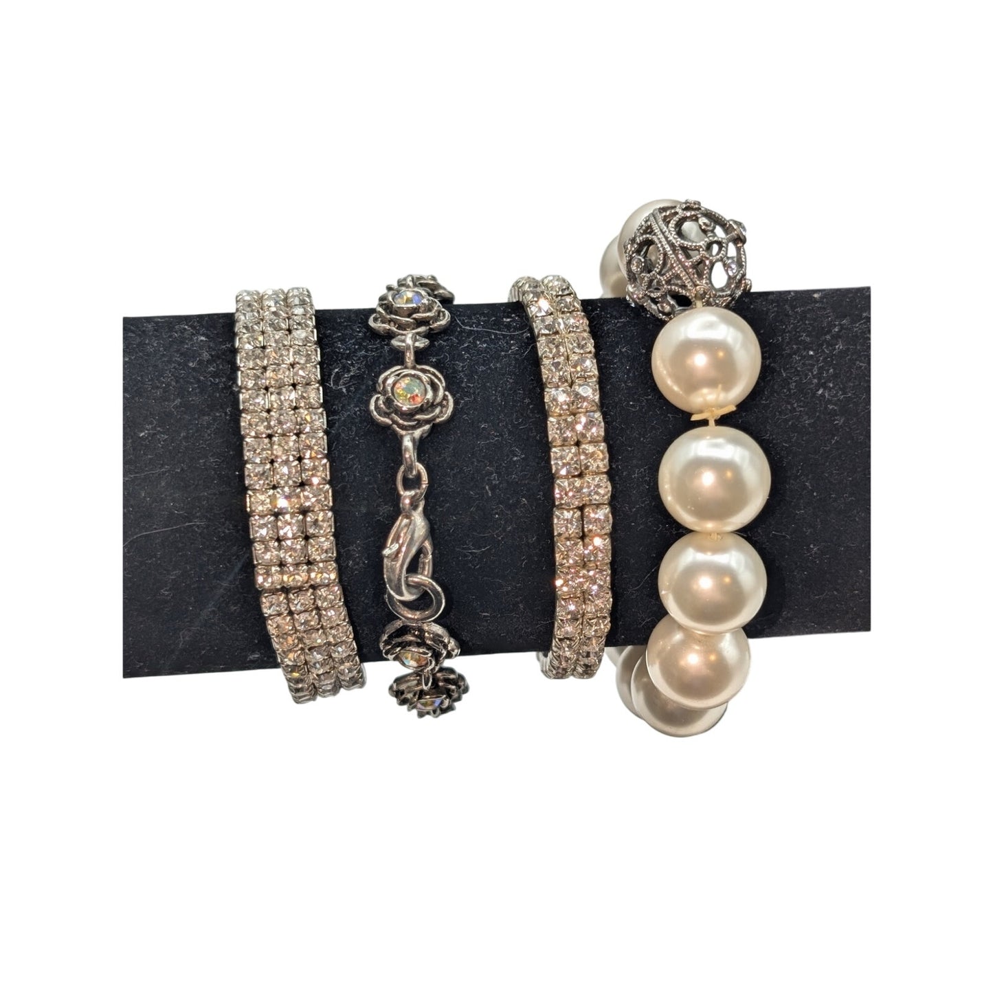 Lot of 9 Pcs of Faux Pearl Rhinestone Chain & Filigree Silver Tone Metal Jewelry
