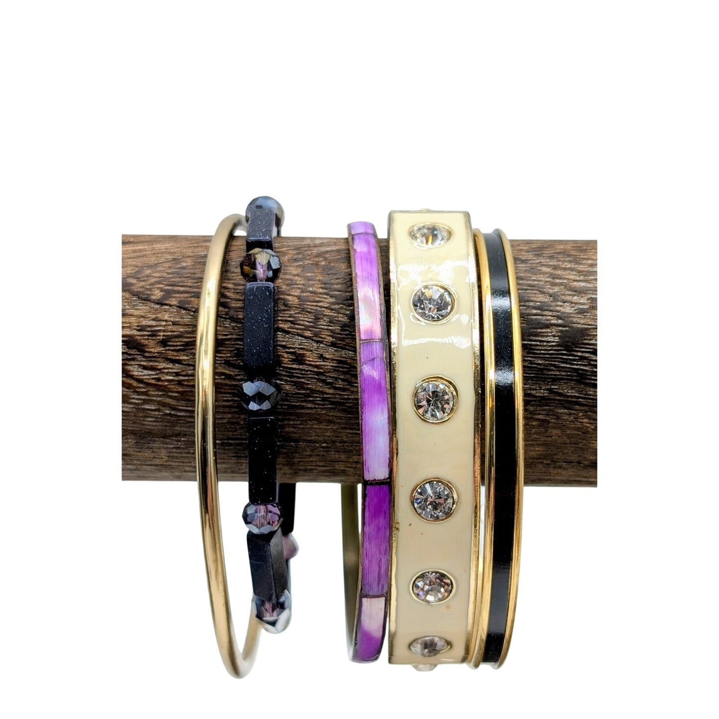 Lot of Four Purple Cream Black Theme Bangles & One Purple Stone Bead Bracelets